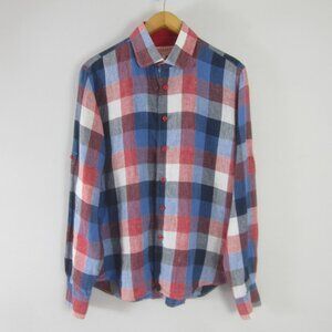 Inserch Mens XL Red White Blue Check Plaid LS Linen Button Shirt Contrast Cuffs